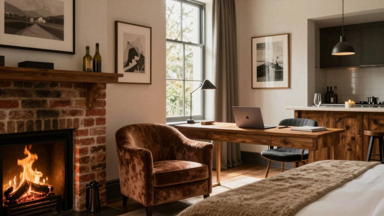 Cozy hotel room interior with fireplace, velvet chair, and work desk