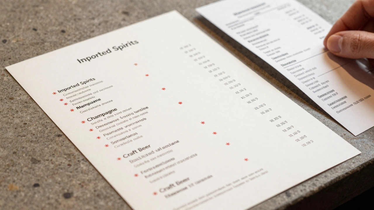 Drink menu with asterisks next to premium beverage options