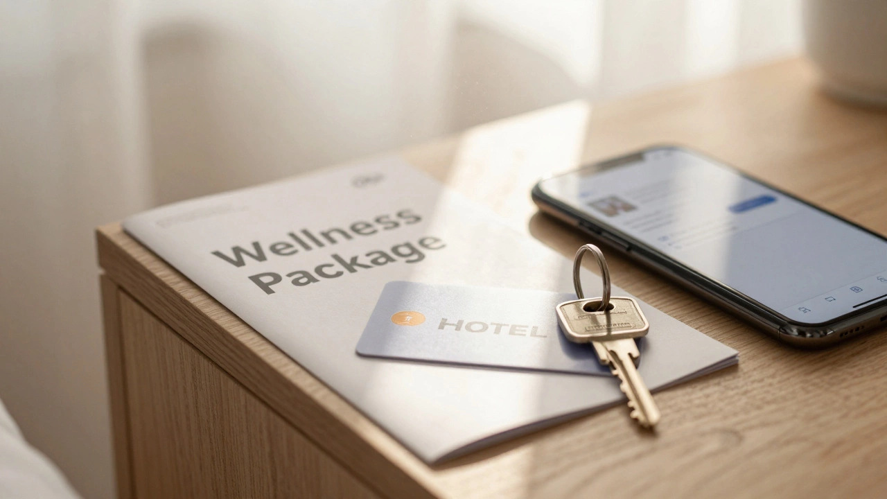 Hotel key card and wellness brochure on a sunlit nightstand