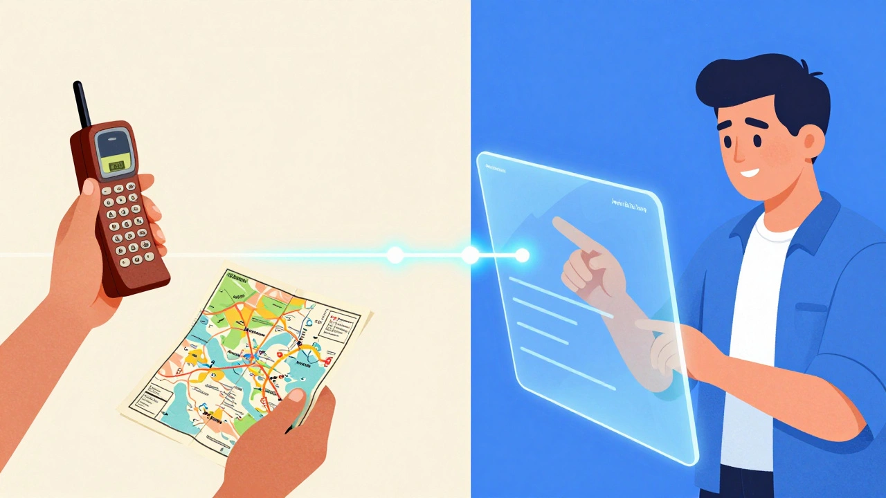 Illustration contrasting 90s travel booking with modern AI tech
