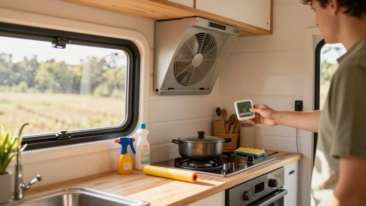 Interior of a tiny house showing humidity monitoring and ventilation systems