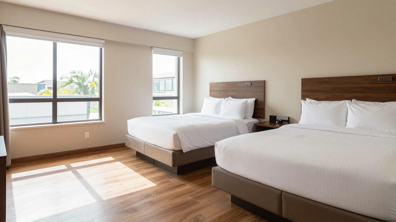 Spacious hotel room with two queen beds and sunlight streaming in