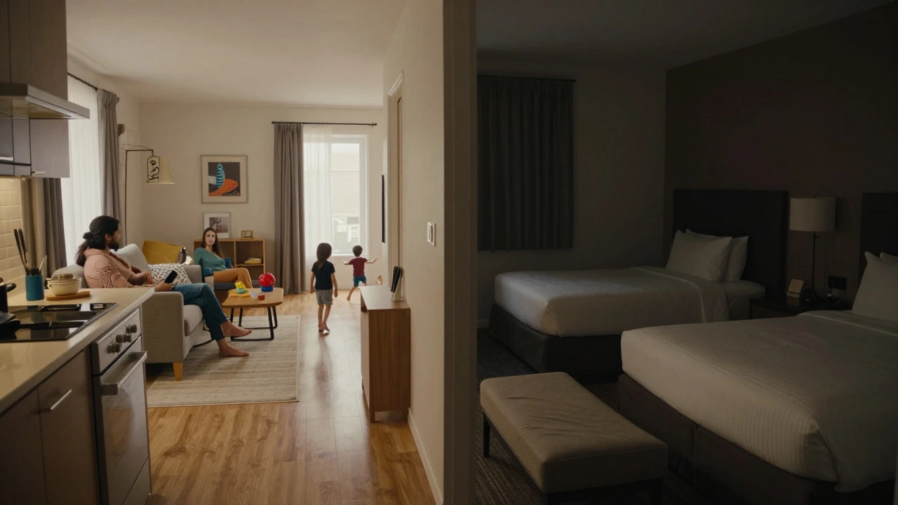Split view comparing cozy rental apartment vs cramped hotel room