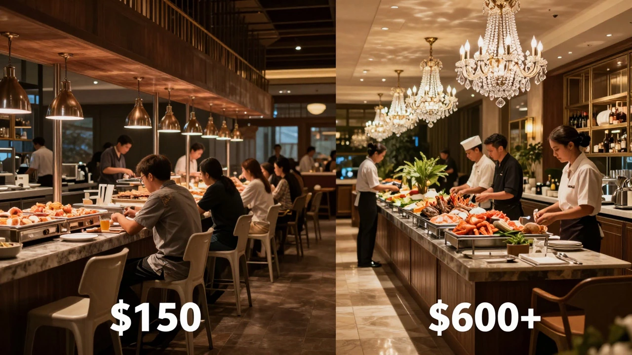 Split view contrasting a basic budget buffet with an elegant luxury dining room