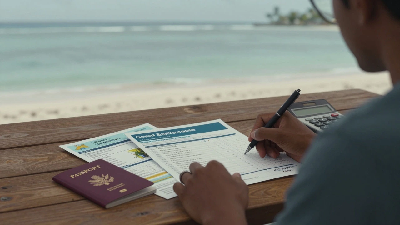 Traveler calculating costs at a desk overlooking a quiet Caribbean beach