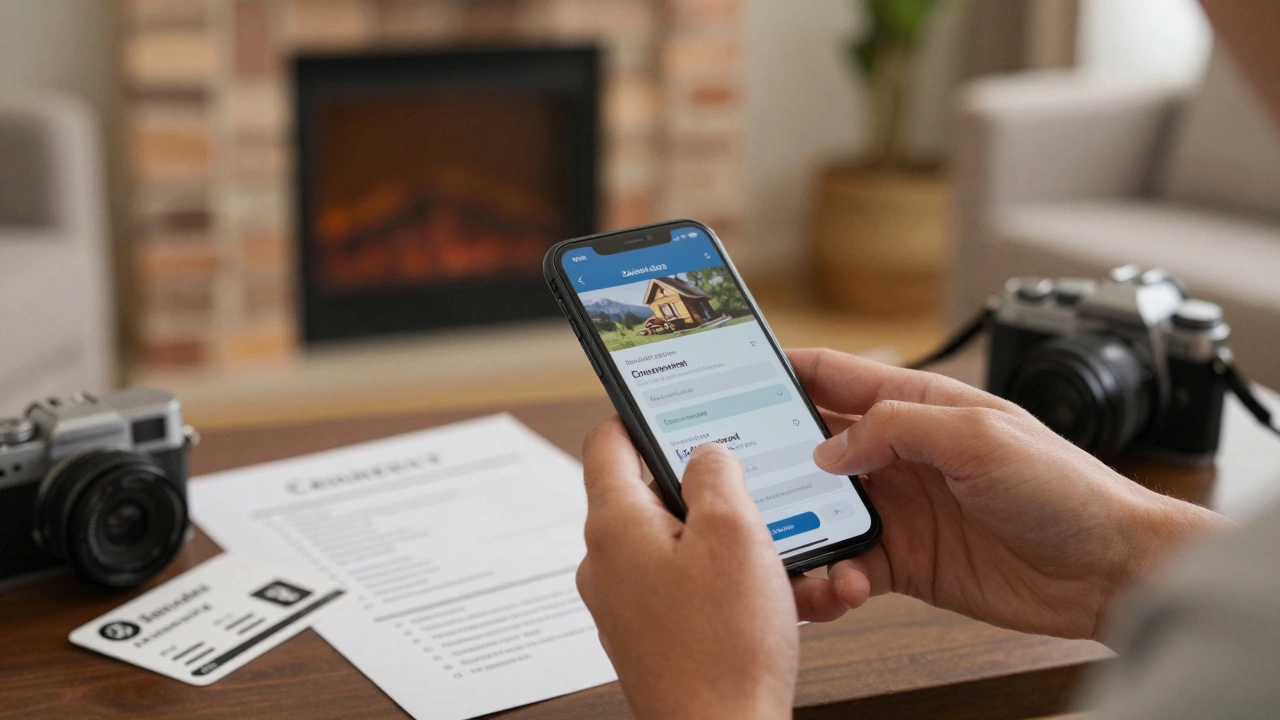 Traveler checking phone booking details with key safe code and camera nearby